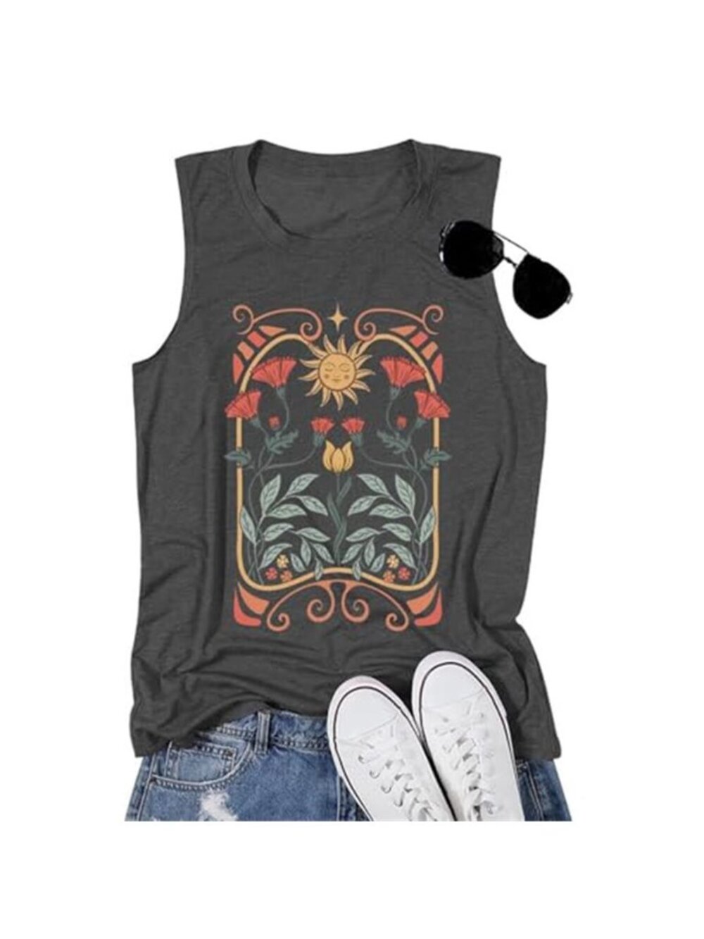 Women's Vintage Boho Graphic Sleeveless Tank Top Charcoal Cotton Blend